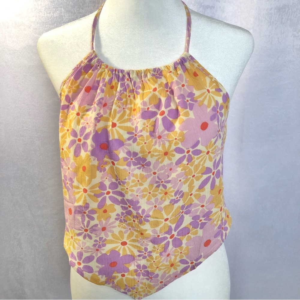 Pink Rose Tie back halter top floral size large pink and yellow NWT